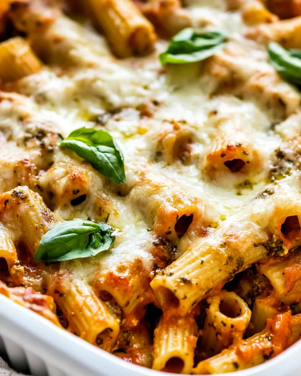 Quick 4 Ingredient Pesto Baked Rigatoni Recipe shot