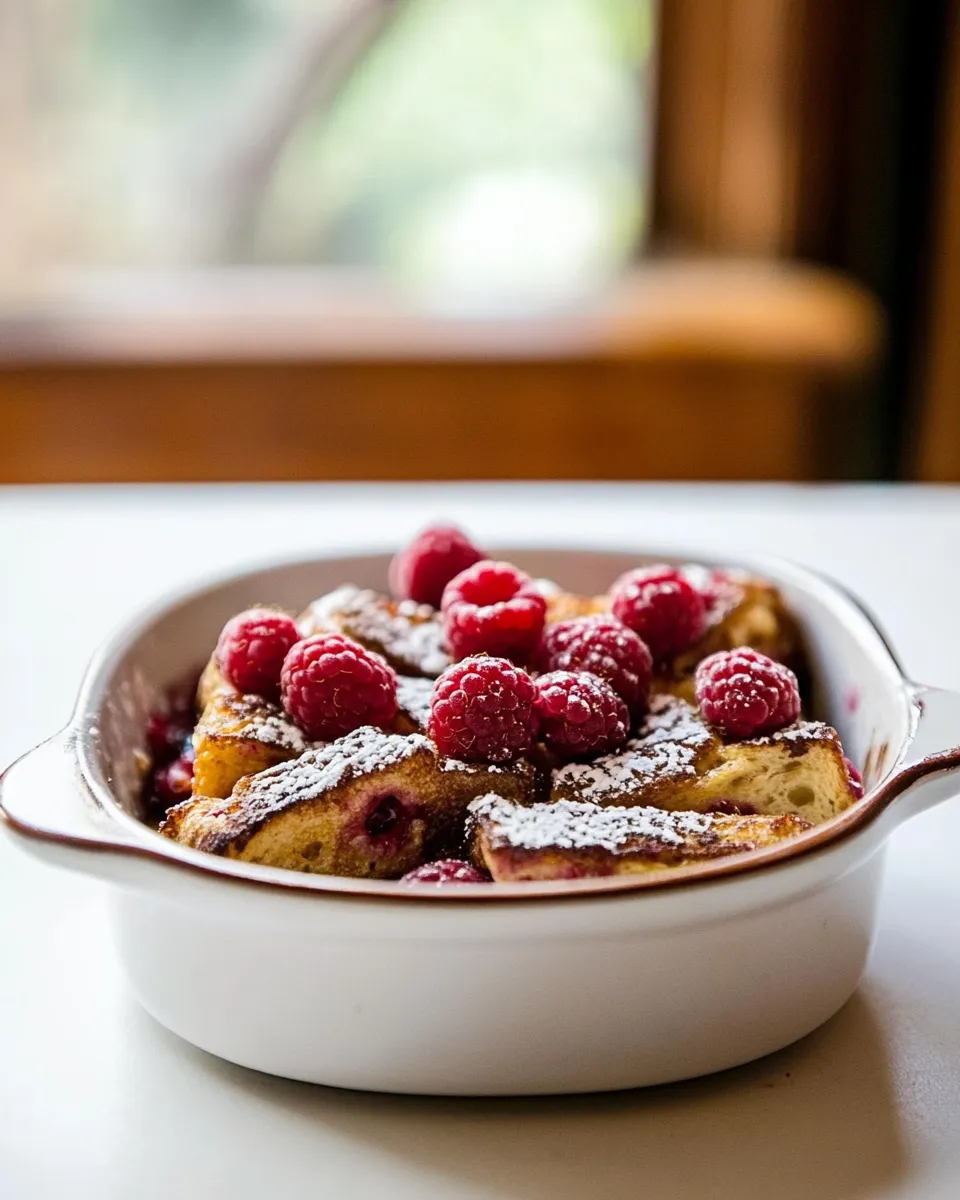 Delicious Baked French Toast with Raspberries shot