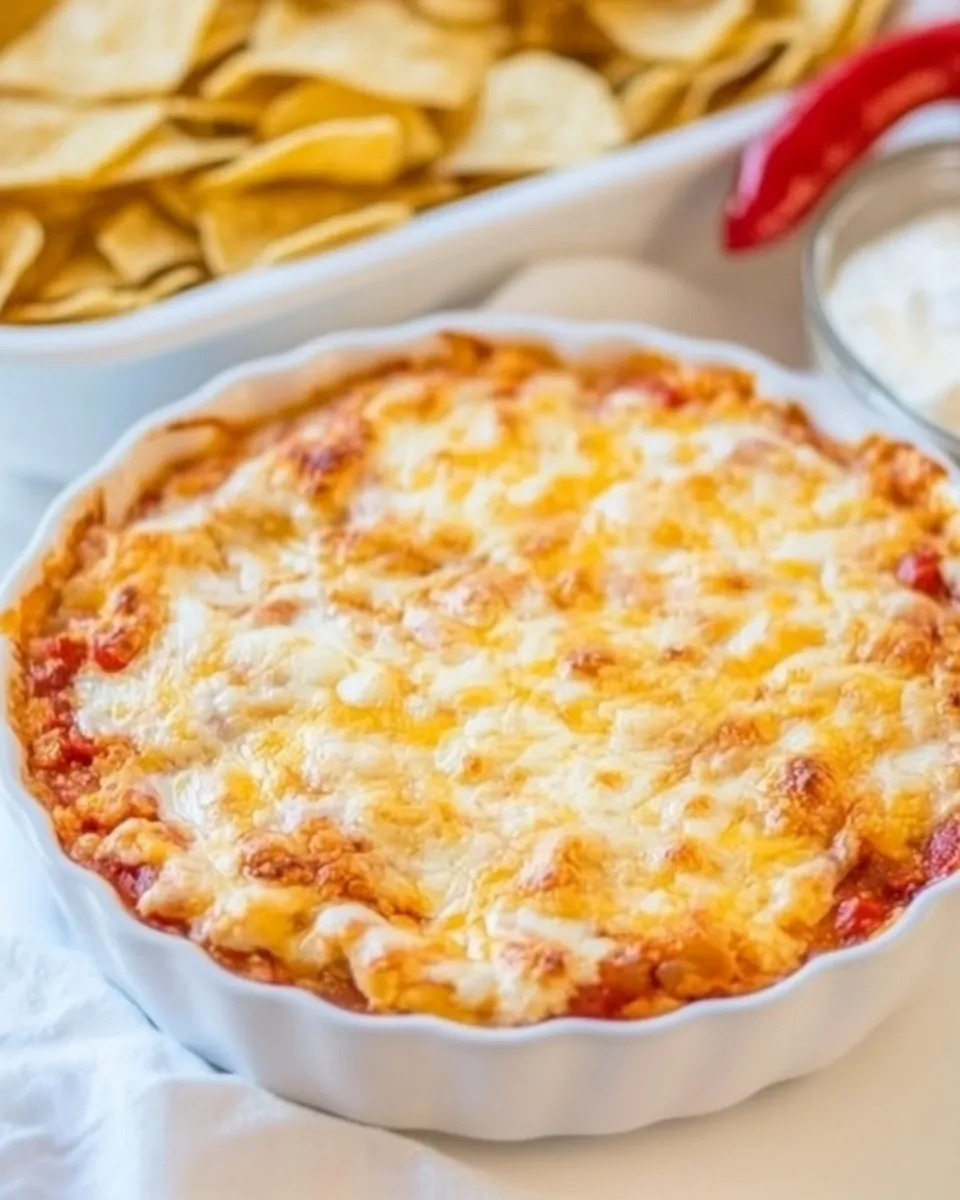 Savory Baked Triple Cheese and Salsa Tortilla Chip Dip shot