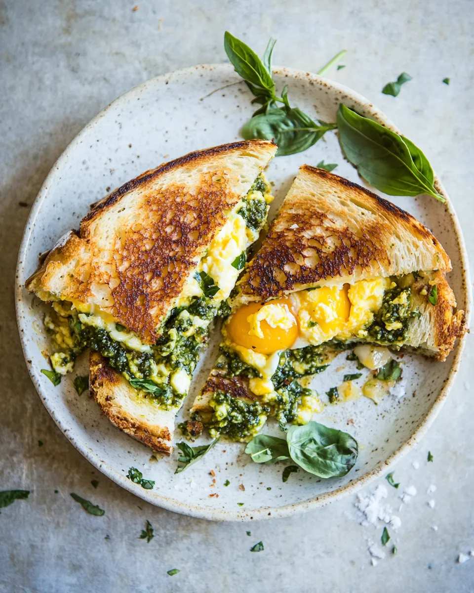Perfect Breakfast Grilled Cheese with Soft Scrambled Eggs and Pesto. shot