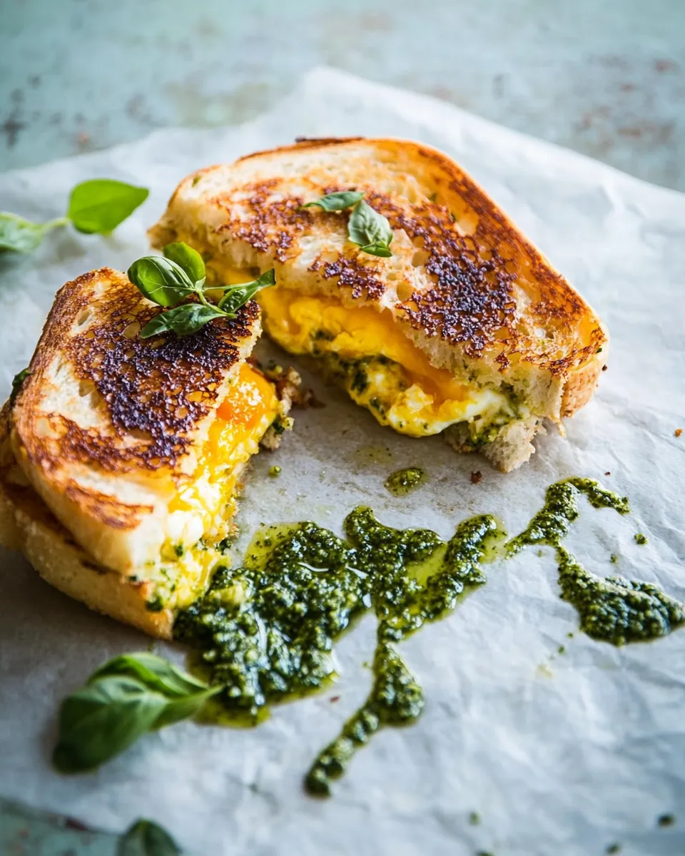 Amazing Breakfast Grilled Cheese with Soft Scrambled Eggs and Pesto. picture