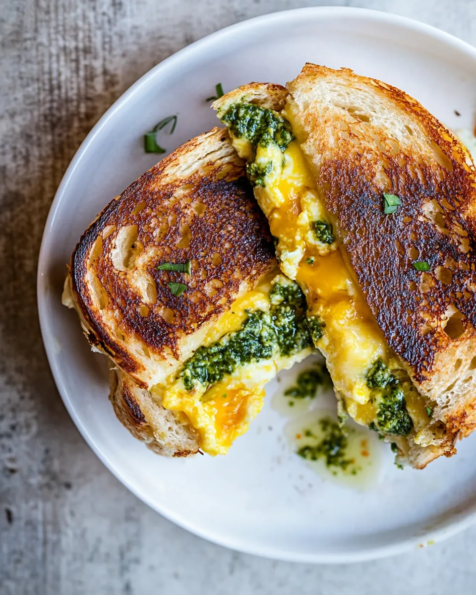 Amazing Breakfast Grilled Cheese with Soft Scrambled Eggs and Pesto. recipe image