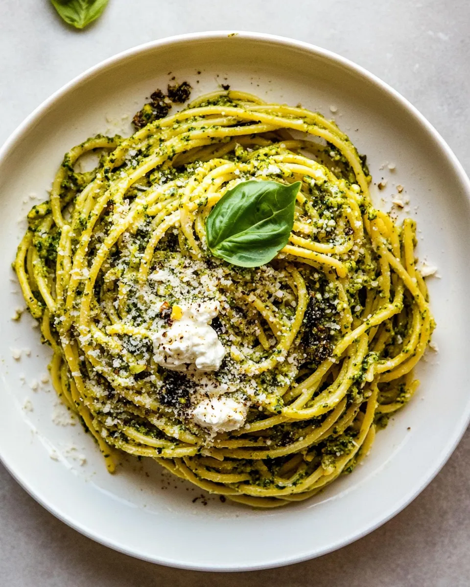 Tasty Broccoli Pesto Pasta with Whipped Ricotta. photo