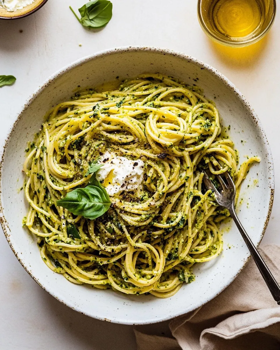 Homemade Broccoli Pesto Pasta with Whipped Ricotta. photo