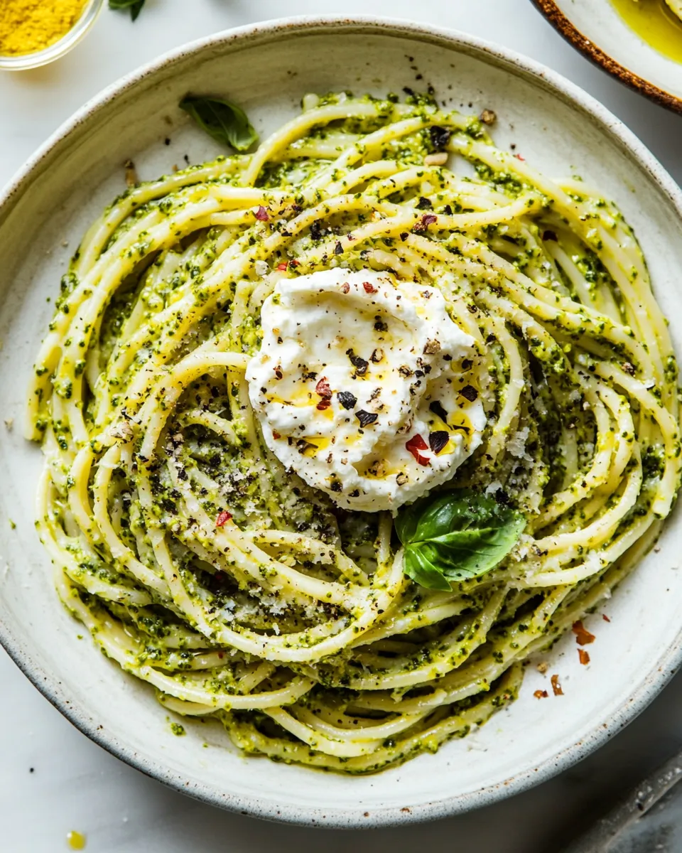 Simple Broccoli Pesto Pasta with Whipped Ricotta. food shot