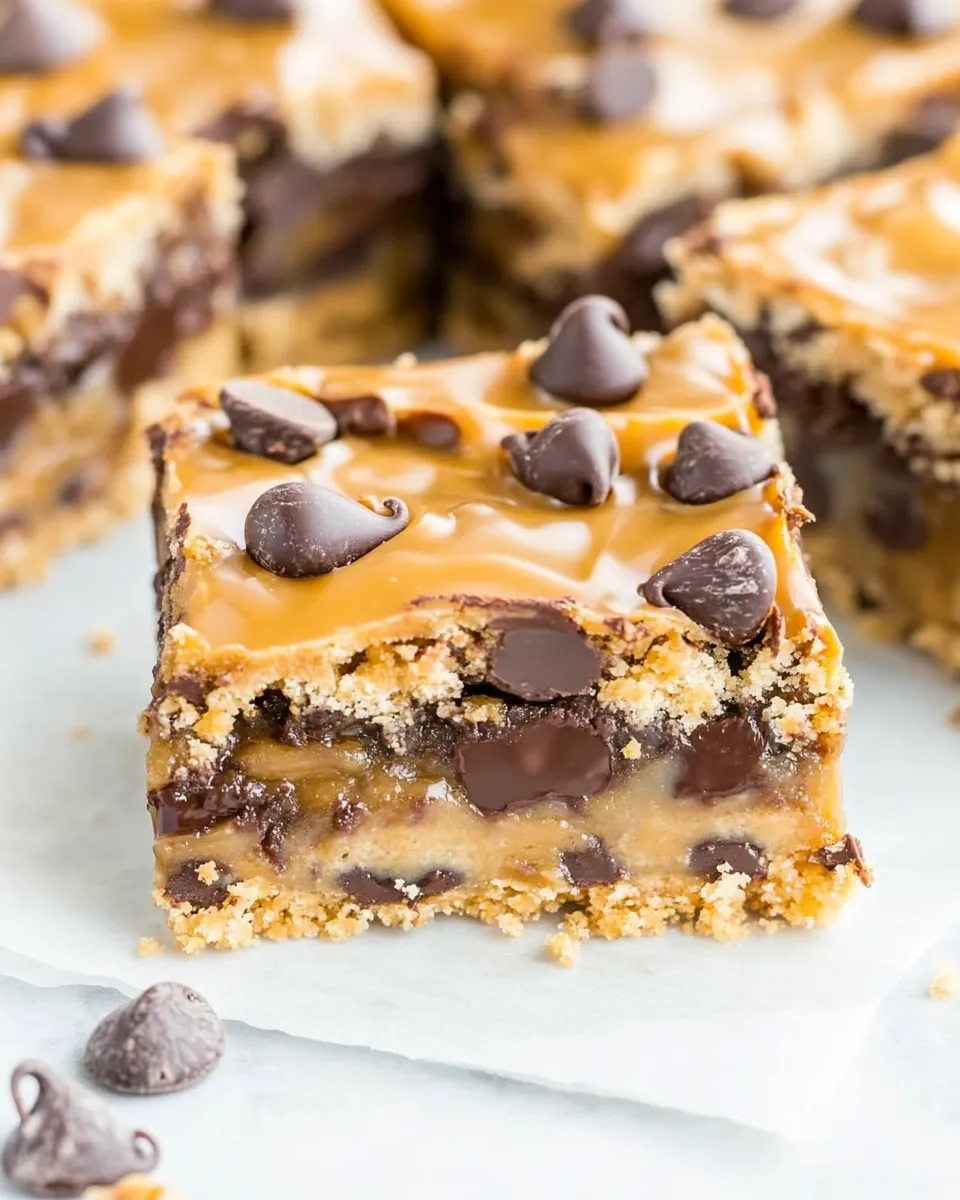 Delicious Caramel Peanut Butter Chocolate Chip Gooey Bars recipe photo