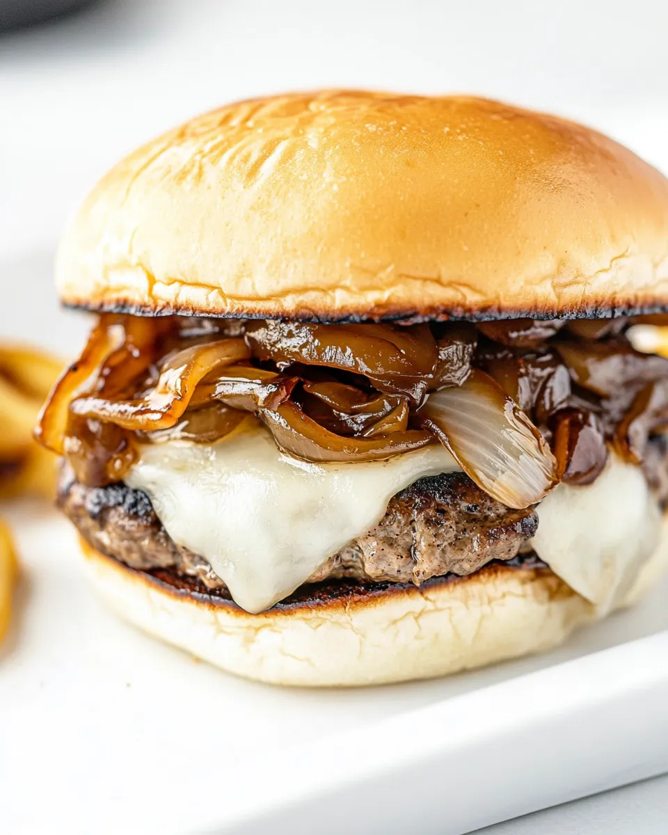 Delicious Caramelized Onion Swiss Burgers shot