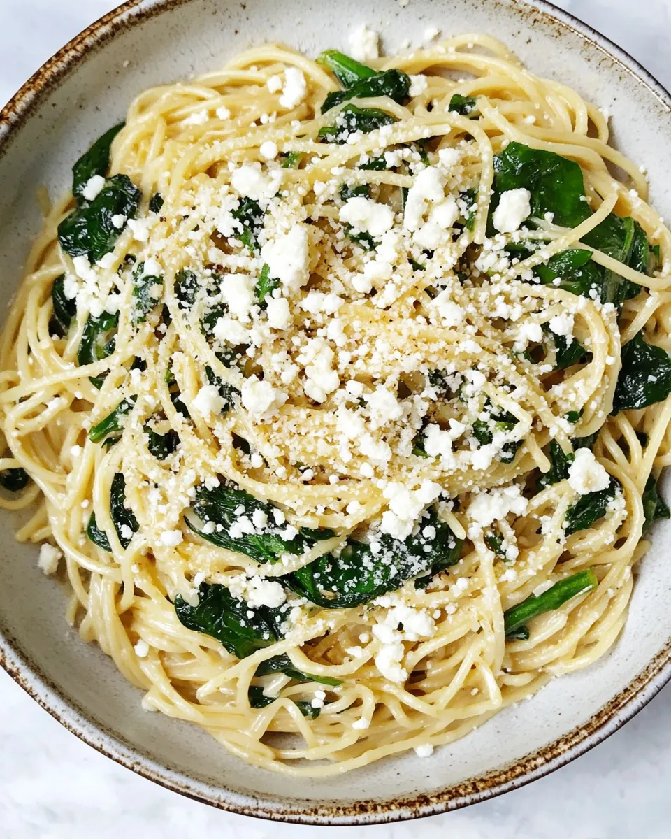 Tasty Caramelized Shallot, Spinach and Goat Cheese Garlic Butter Pasta. dish image