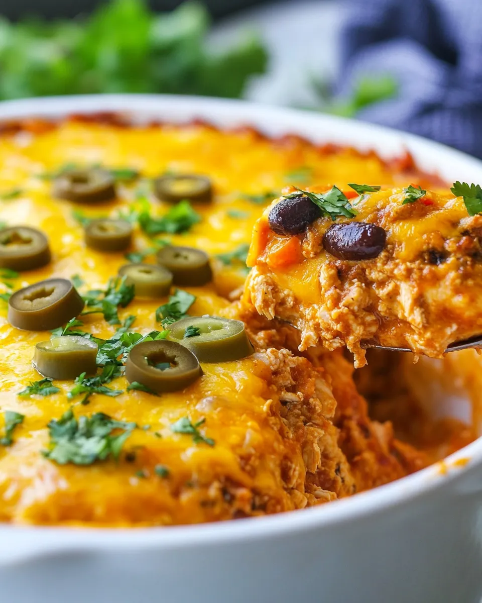 Homemade Cheesy Chicken Enchilada Bake shot