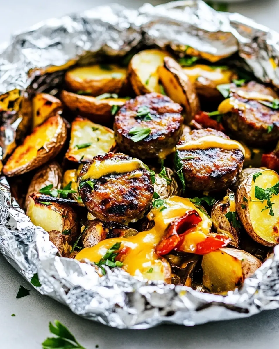 Quick Cheesy Sausage Potato Foil Packets recipe photo