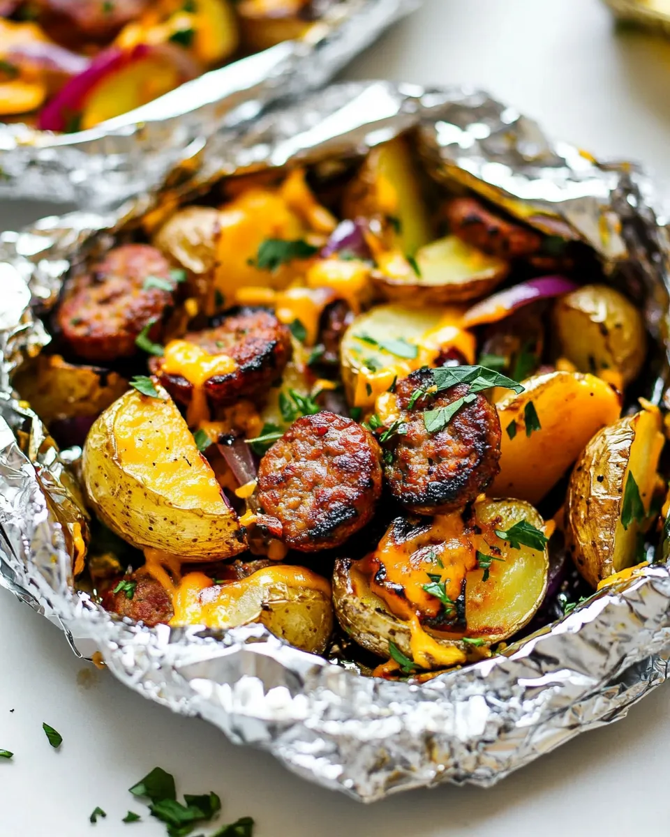 Homemade Cheesy Sausage Potato Foil Packets dish photo