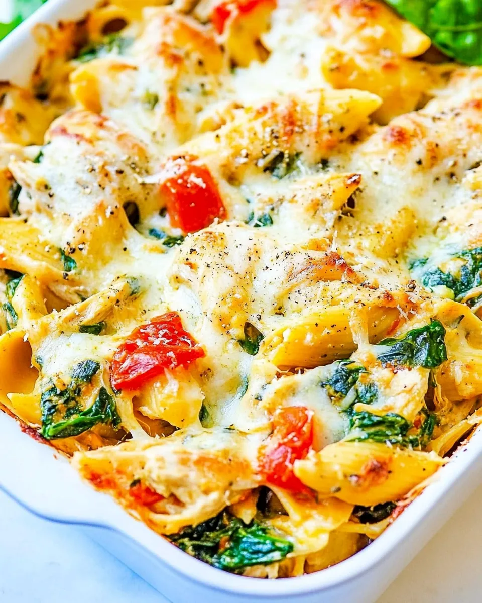 Healthy Cheesy Spinach and Artichoke Chicken Pasta shot