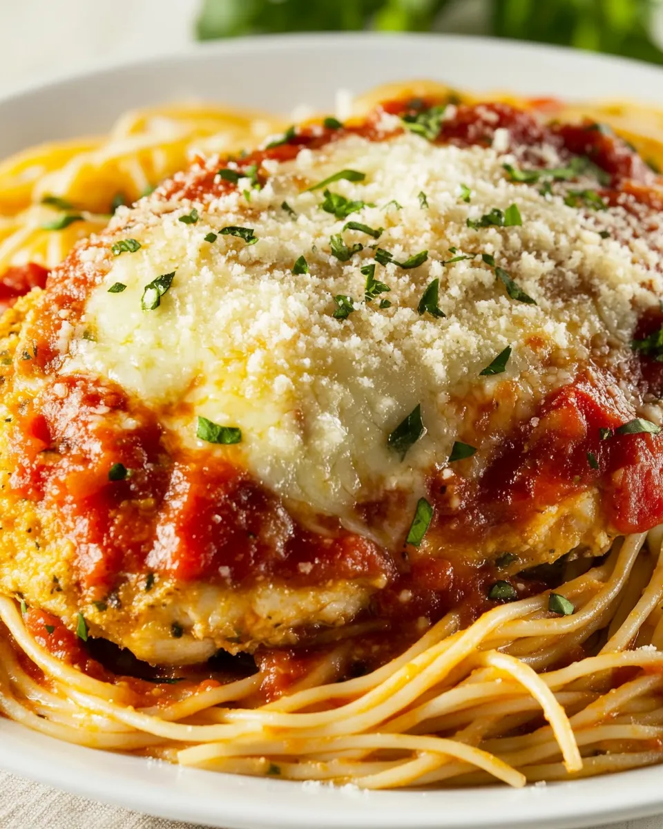 Delicious Chicken Parmesan and Spaghetti Marinara food shot