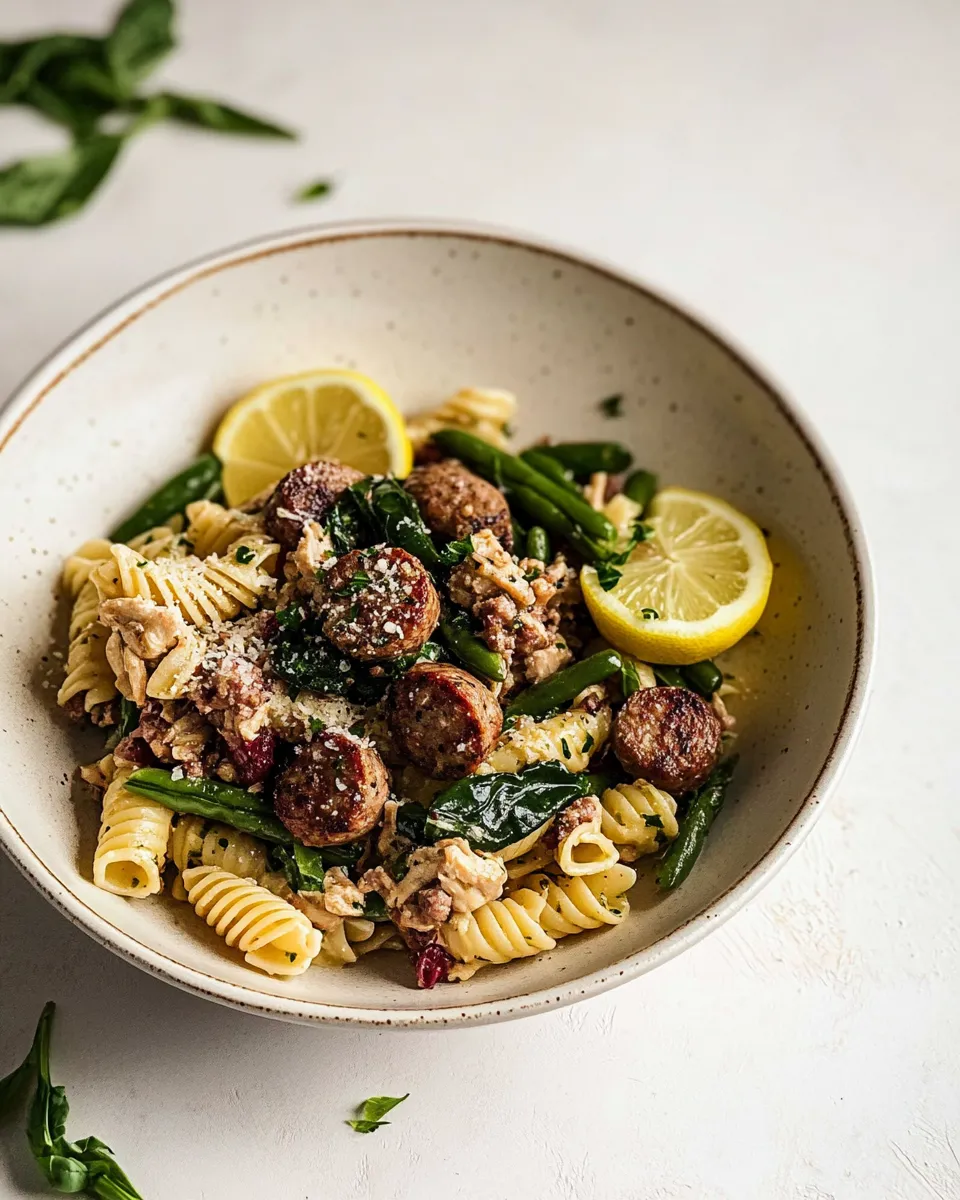 Homemade Chicken Sausage Pasta with Spinach, Lemon, and Green Beans photo