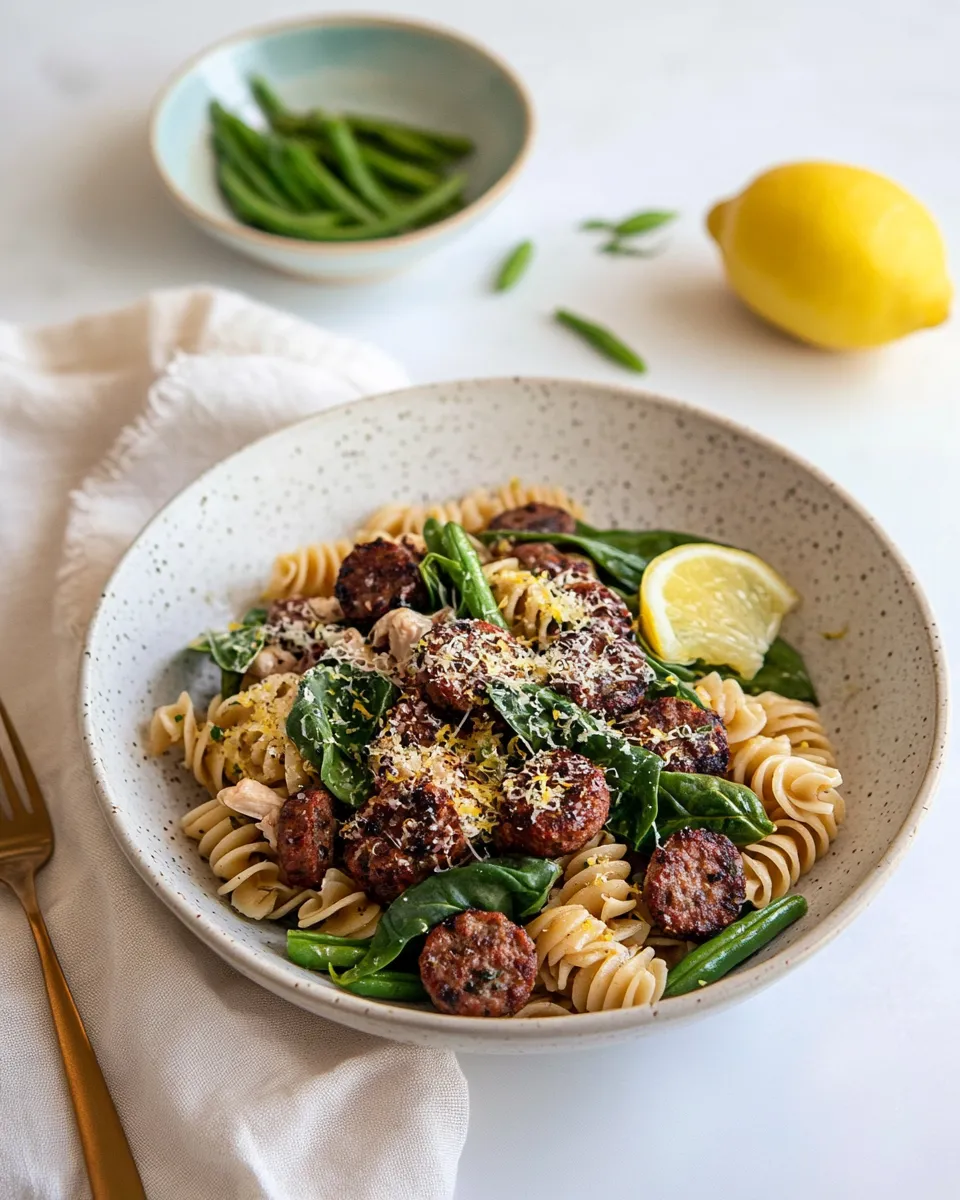 Classic Chicken Sausage Pasta with Spinach, Lemon, and Green Beans image