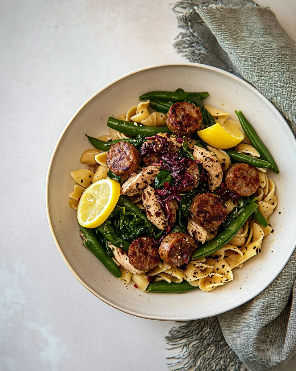 Easy Chicken Sausage Pasta with Spinach, Lemon, and Green Beans recipe photo