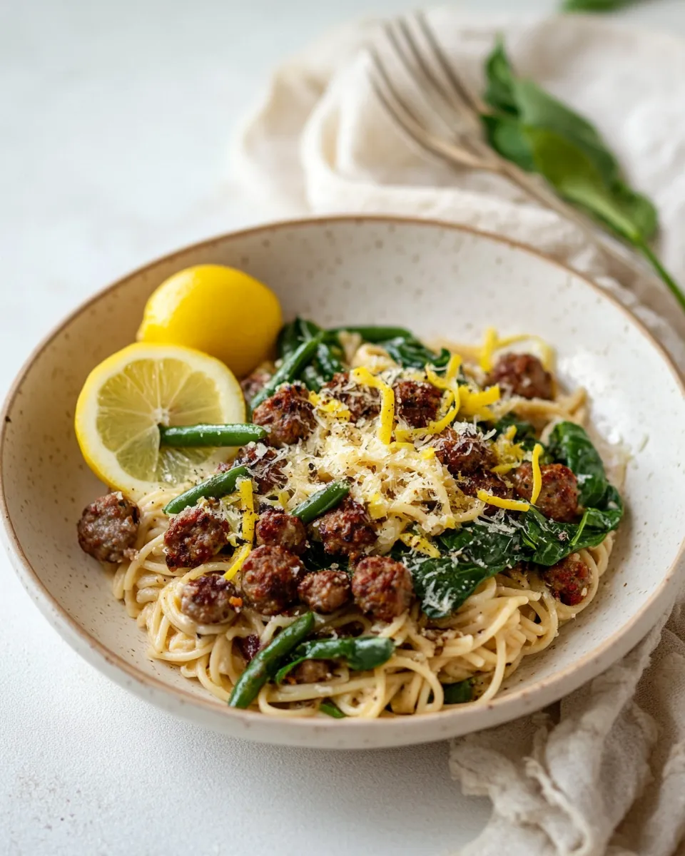 Delicious Chicken Sausage Pasta with Spinach, Lemon, and Green Beans shot