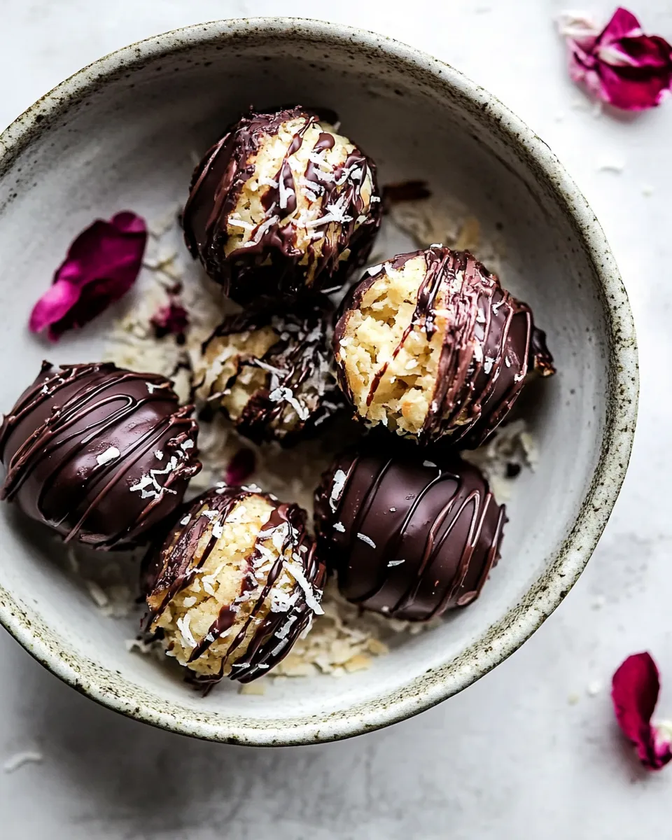 Classic Chocolate Dipped Coconut Caramel Macaroons. shot