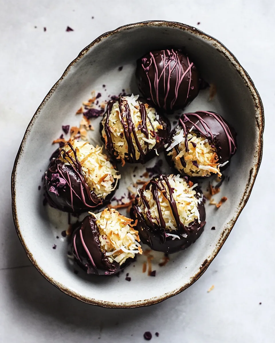 Perfect Chocolate Dipped Coconut Caramel Macaroons. recipe image