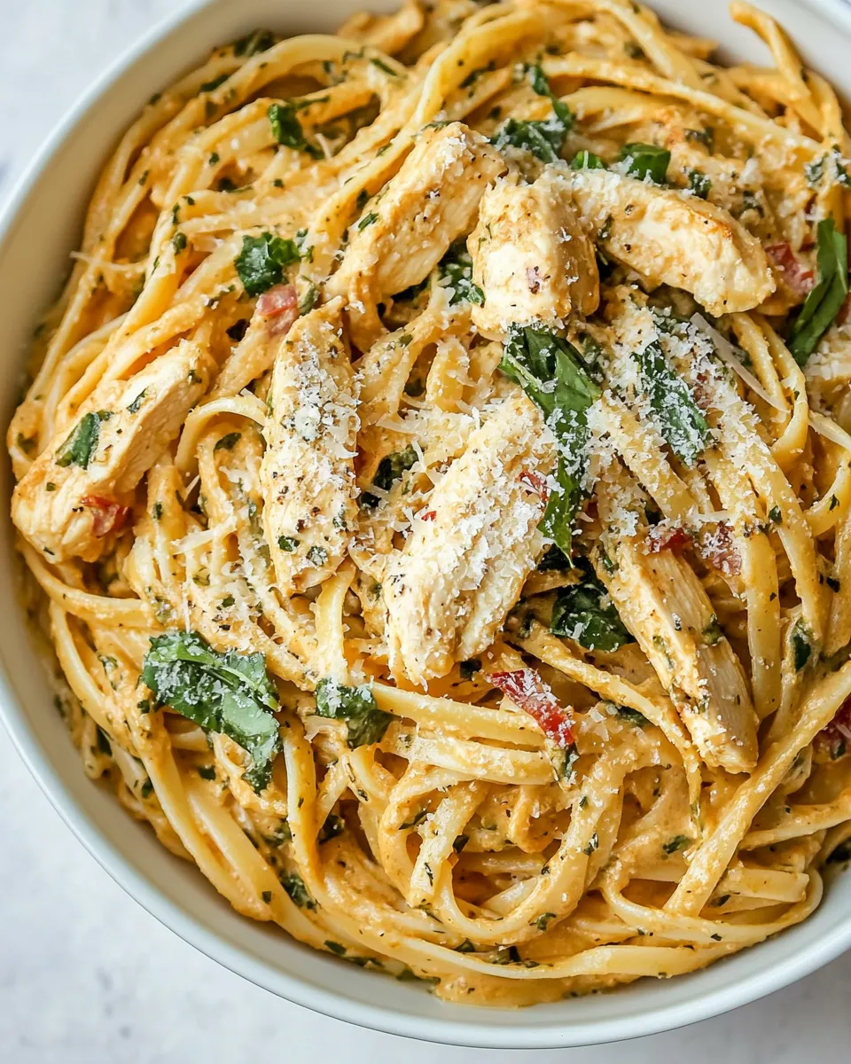 Quick Creamy Garlic Chicken Pasta food shot
