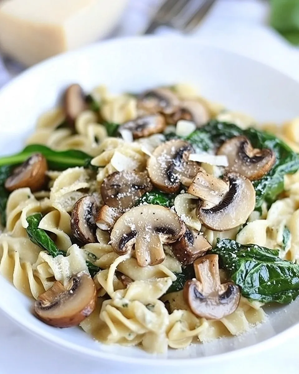 Tasty Creamy Goat Cheese Pasta with Spinach & Roasted Mushrooms shot