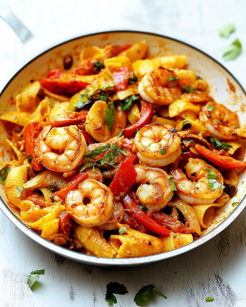 Quick Creamy Shrimp Fajita Pasta Skillet shot