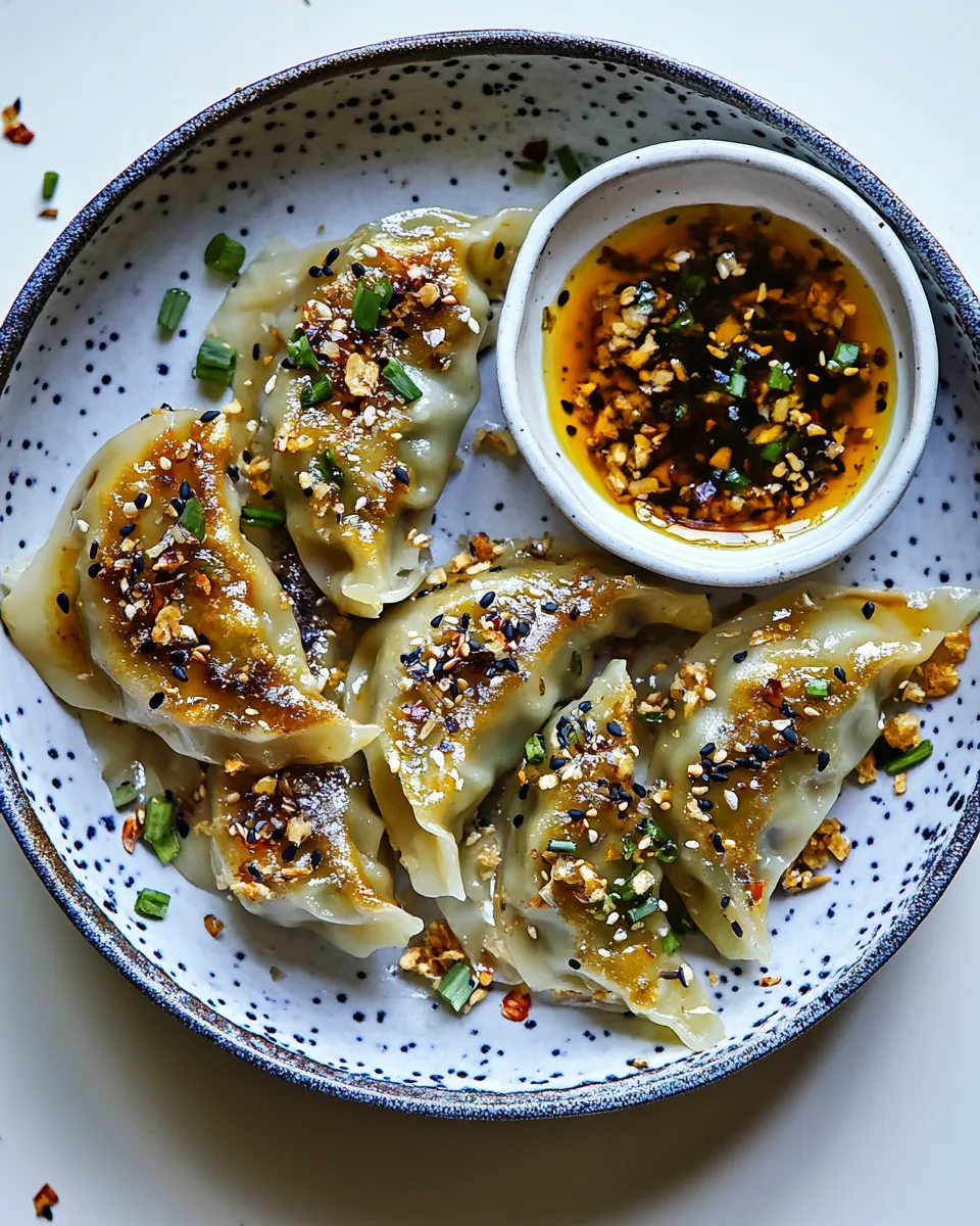 Classic Crispy Sesame Ginger Potstickers with Chive Chili Sauce. image