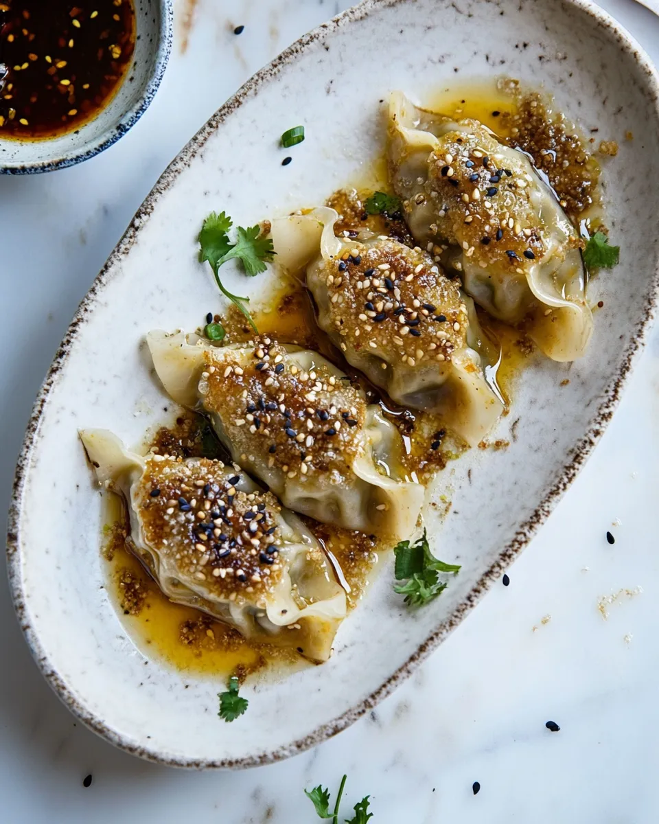 Simple Crispy Sesame Ginger Potstickers with Chive Chili Sauce. picture