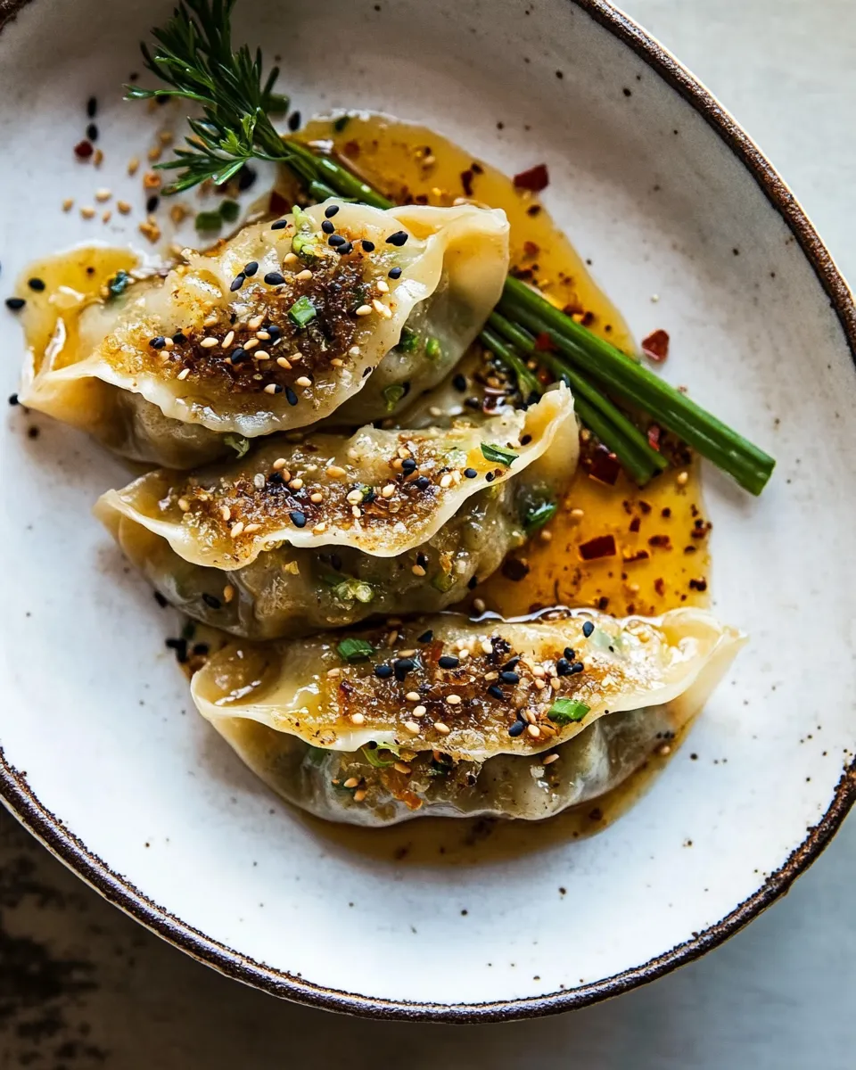 Amazing Crispy Sesame Ginger Potstickers with Chive Chili Sauce. dish image