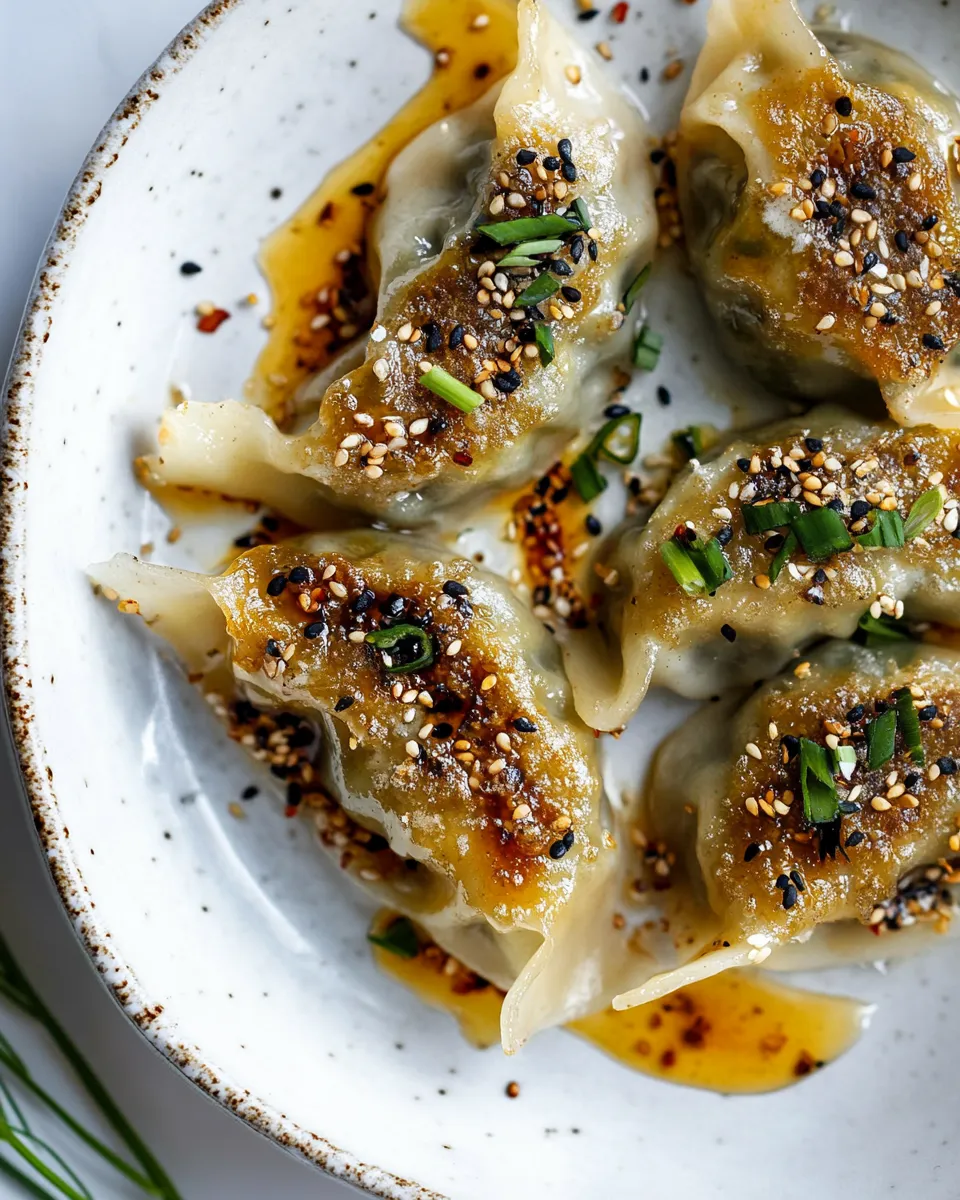 Delicious Crispy Sesame Ginger Potstickers with Chive Chili Sauce. food shot