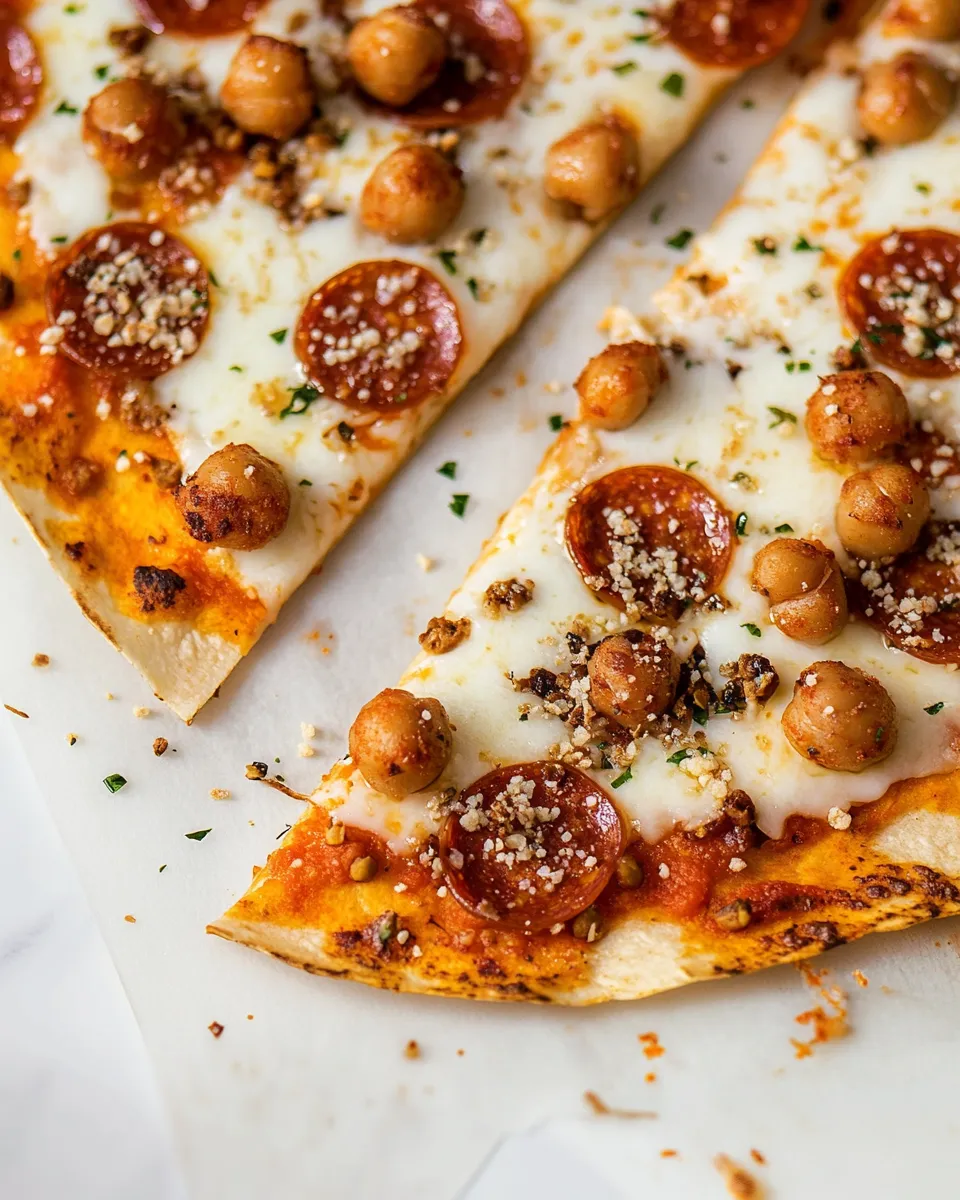 Ultimate Easy Tortilla Pizzas with Pepperoni Chickpeas. food shot