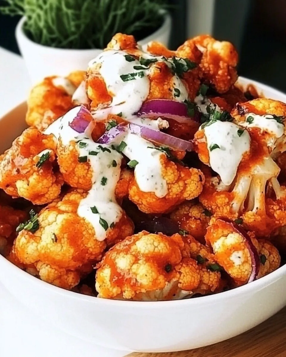Homemade Easy baked buffalo cauliflower bites recipe with red onion photo