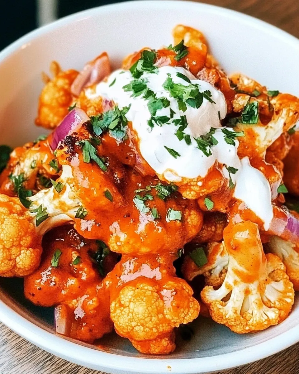 Classic Easy baked buffalo cauliflower bites recipe with red onion image