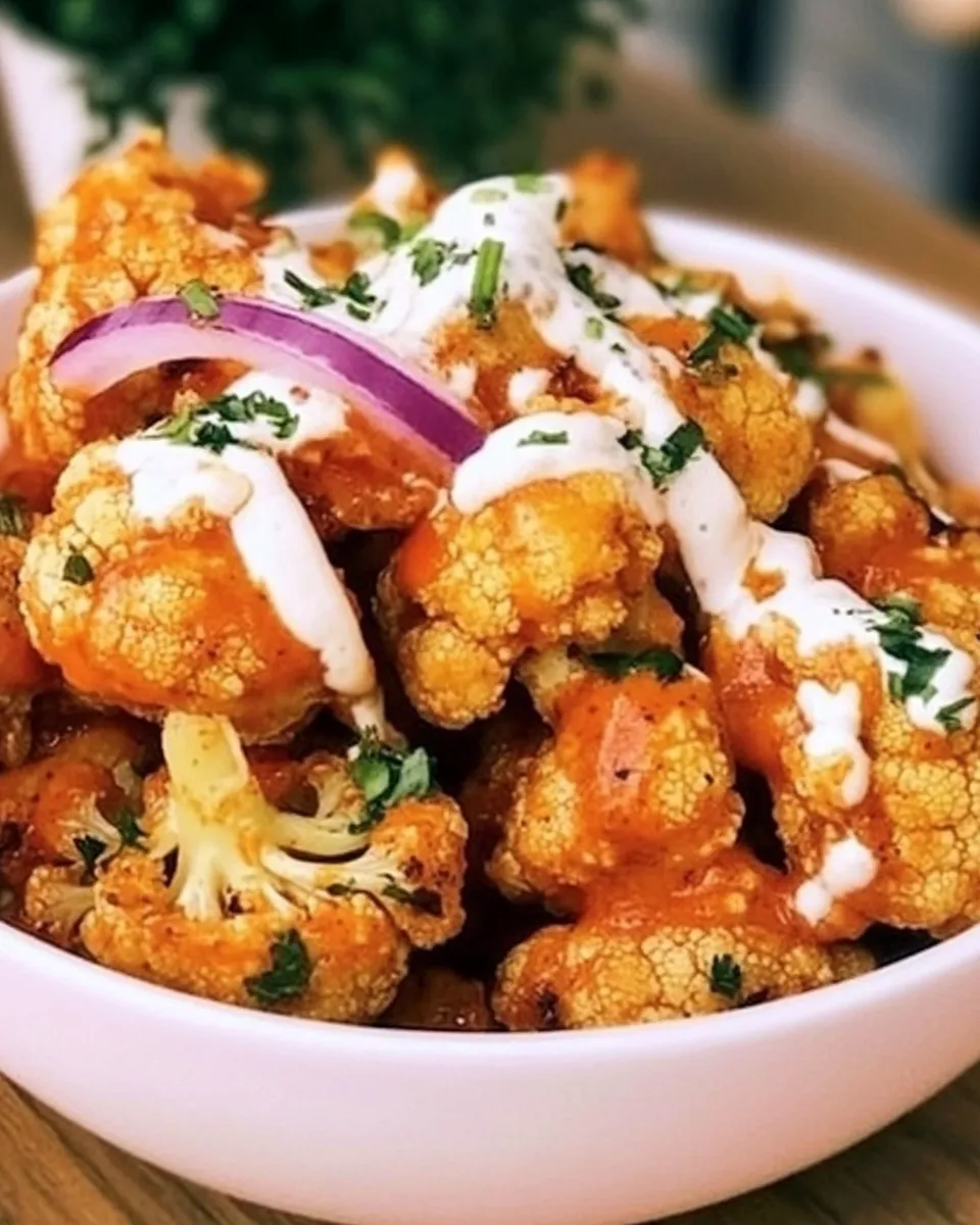 Quick Easy baked buffalo cauliflower bites recipe with red onion dish photo