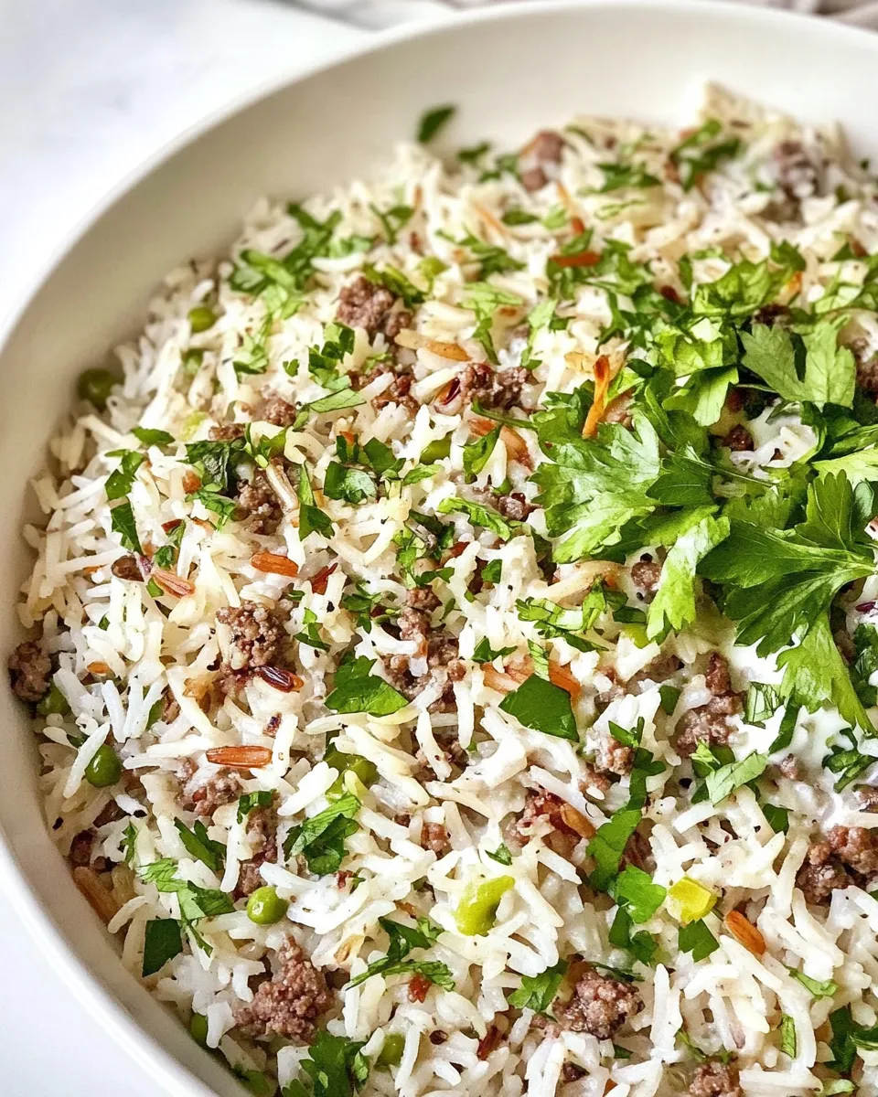 Delicious Hashweh Rice: Middle Eastern Rice w/ Ground Beef & Yogurt Sauce shot