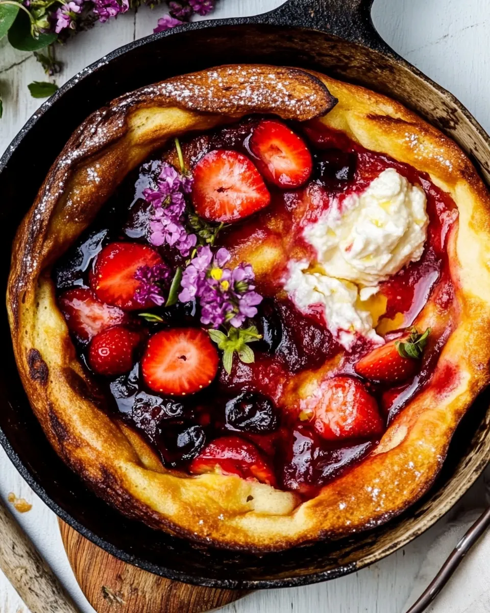 Sweet Hot Strawberry Jam Dutch Baby. shot