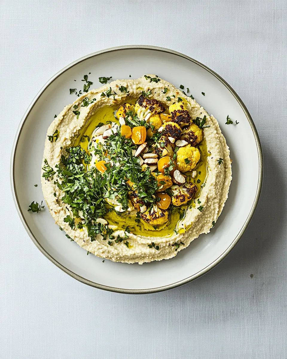 Homemade Hummus with roasted cauliflower, sultanas & cashews photo