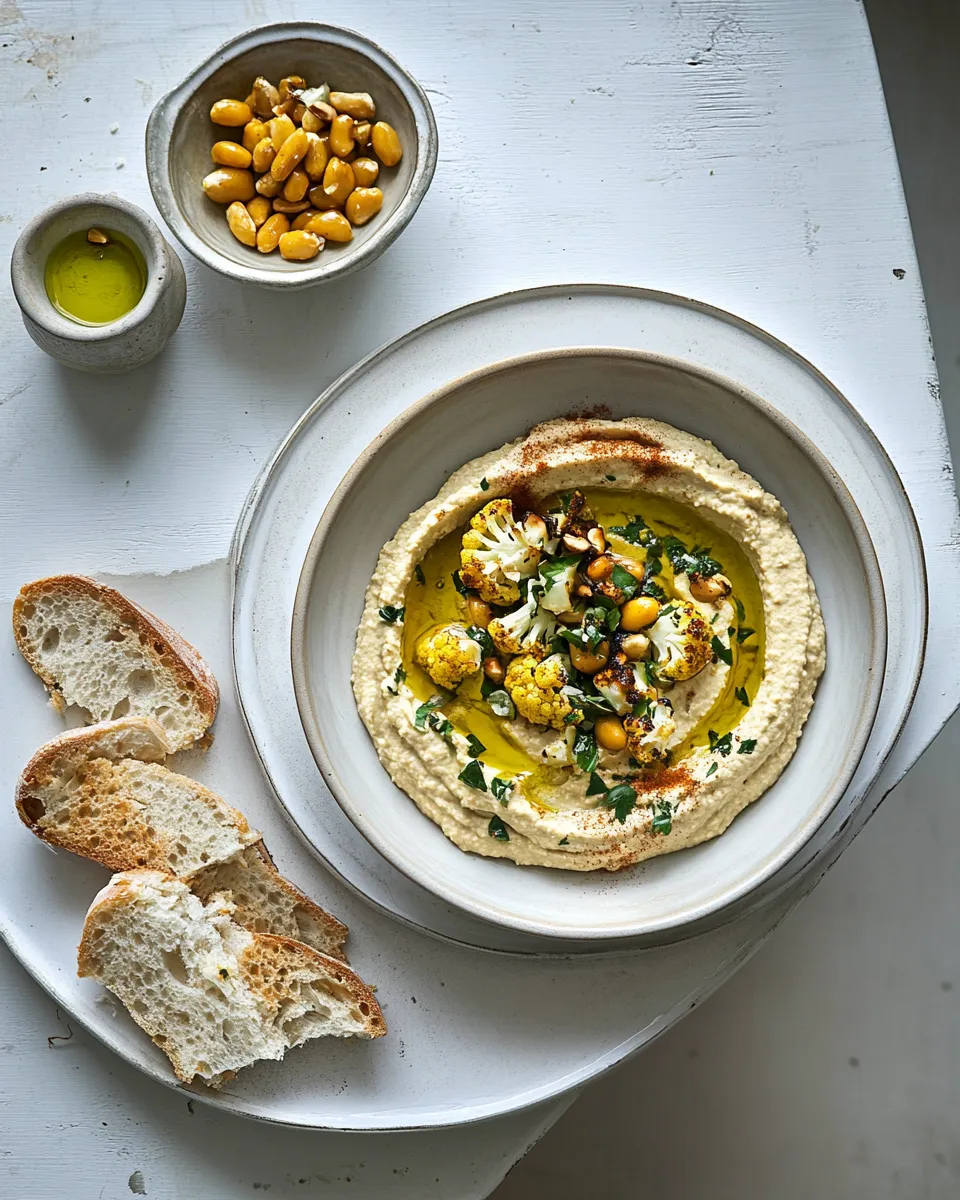 Savory Hummus with roasted cauliflower, sultanas & cashews dish photo