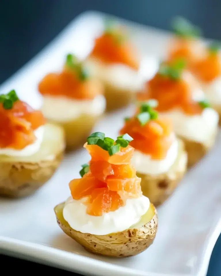 Homemade Mini Baked Potatoes with Sour Cream and Smoked Salmon photo