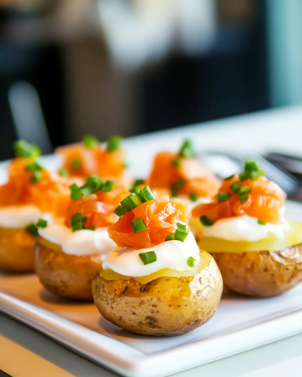 Classic Mini Baked Potatoes with Sour Cream and Smoked Salmon image