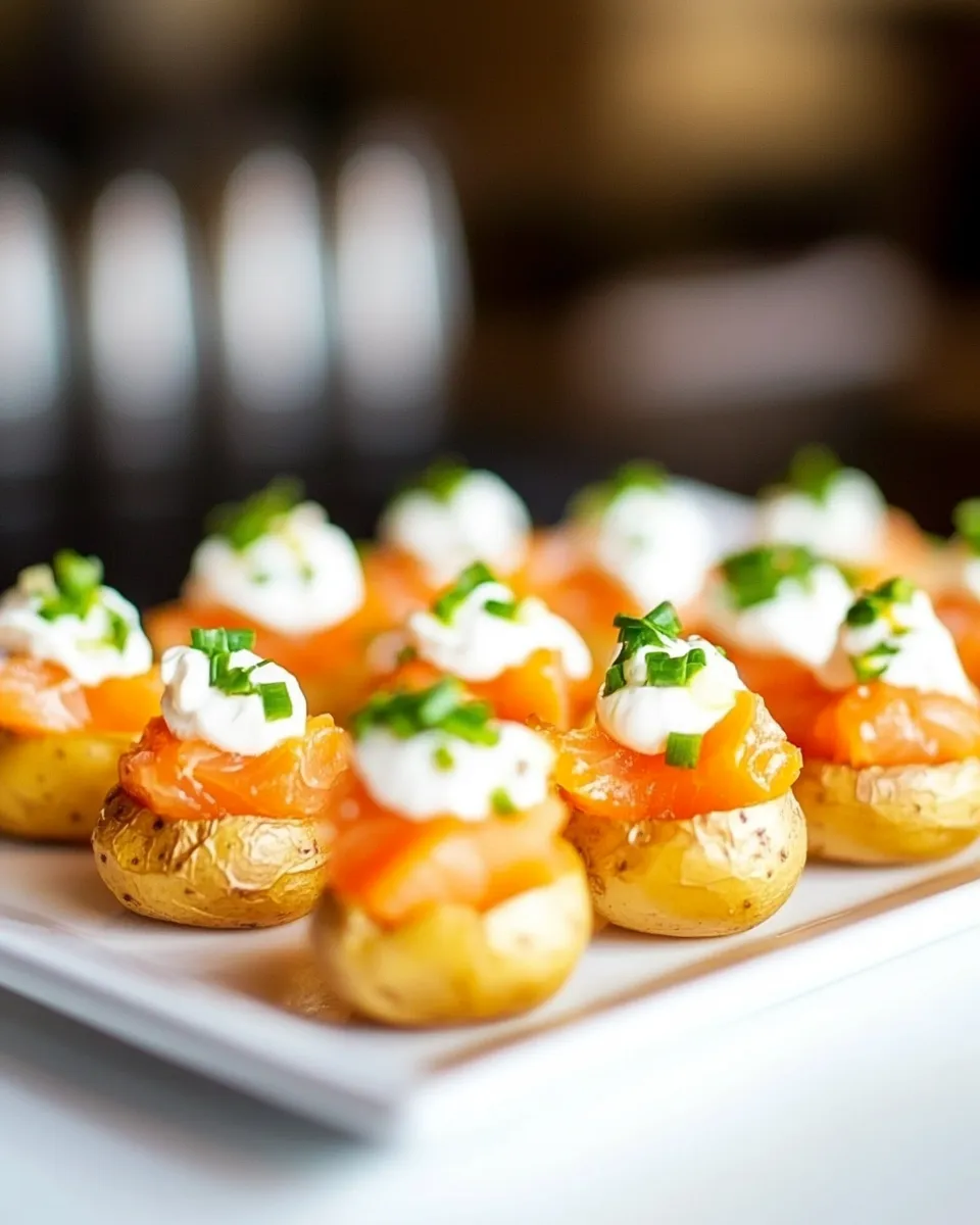 Delicious Mini Baked Potatoes with Sour Cream and Smoked Salmon shot