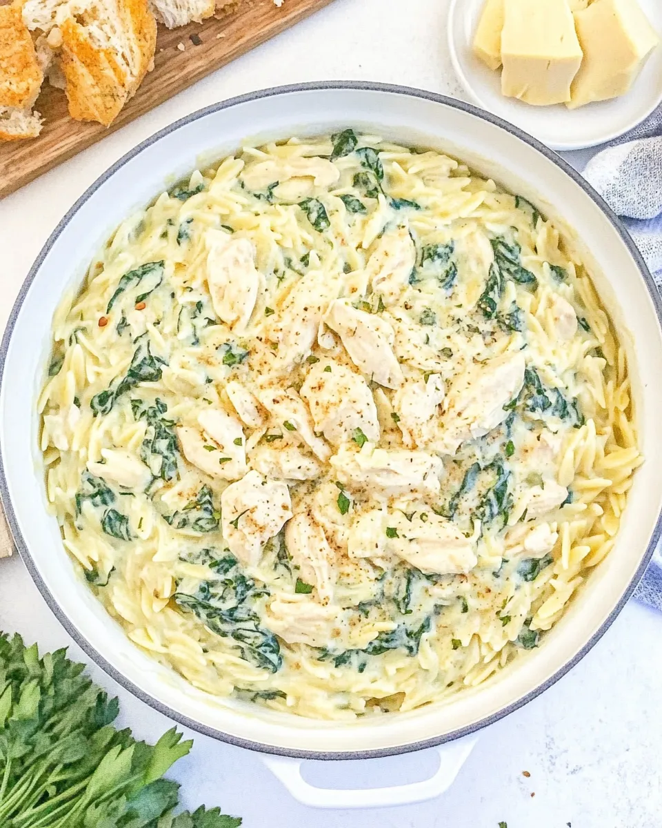 Healthy One Pot Spinach Artichoke Chicken Orzo dish photo