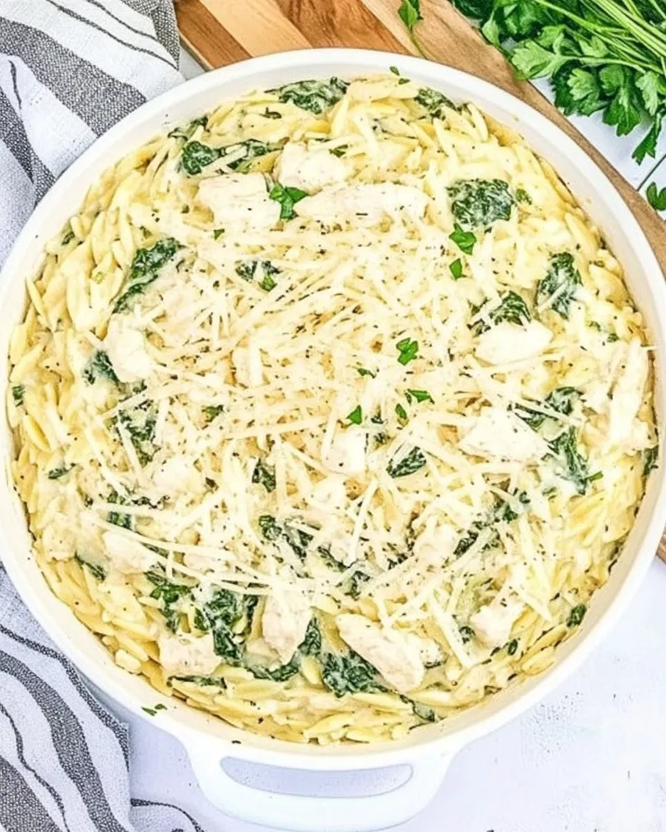 Tasty One Pot Spinach Artichoke Chicken Orzo food shot