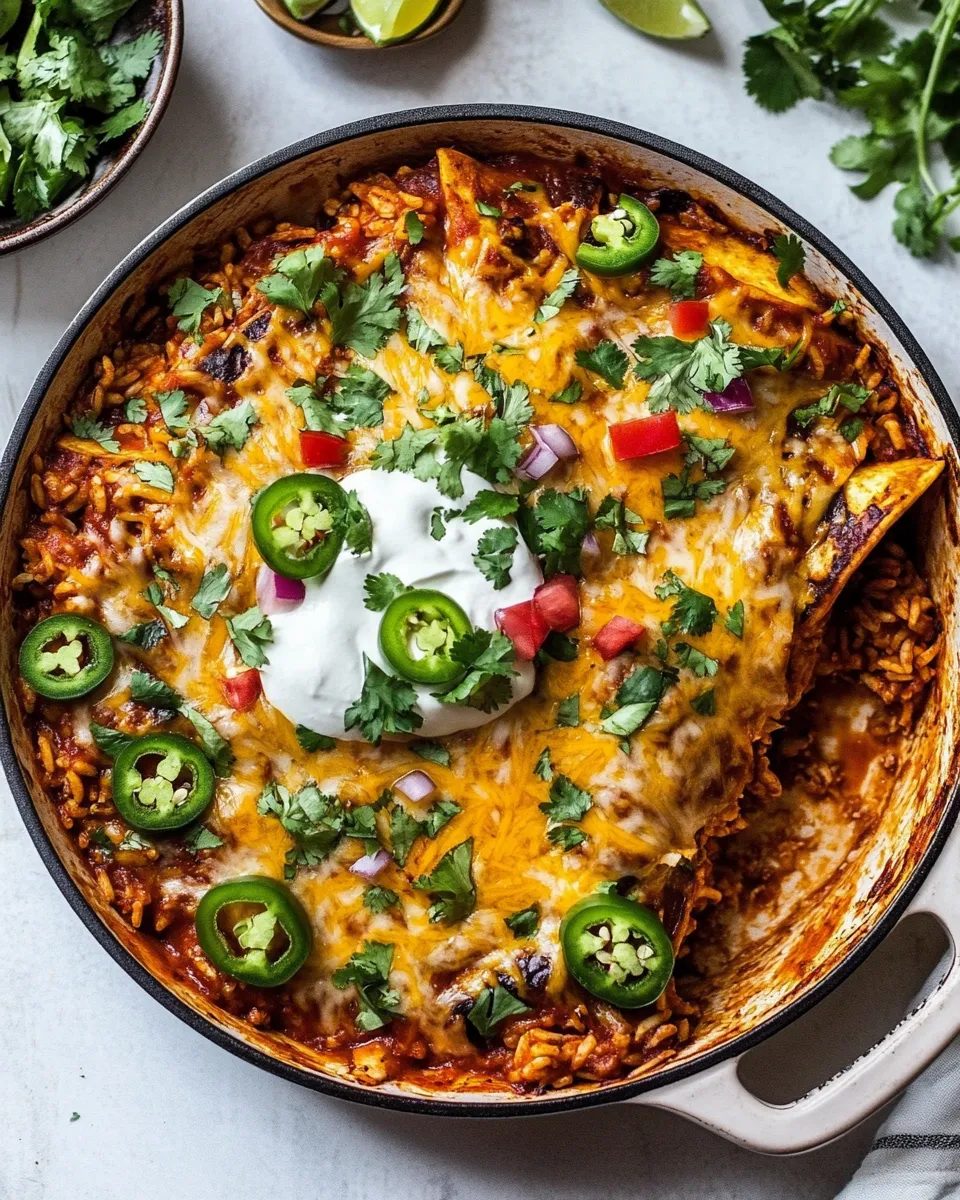 Easy One Skillet Saucy Chicken Tortilla Enchilada Rice Bake. photo