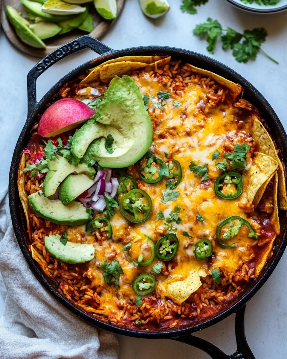 Savory One Skillet Saucy Chicken Tortilla Enchilada Rice Bake. dish photo