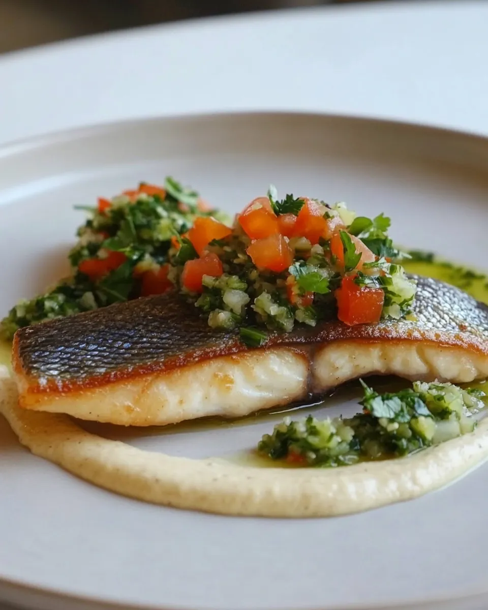 Homemade Pan Fried Sea Bass with Celery Pure & Tabbouleh photo