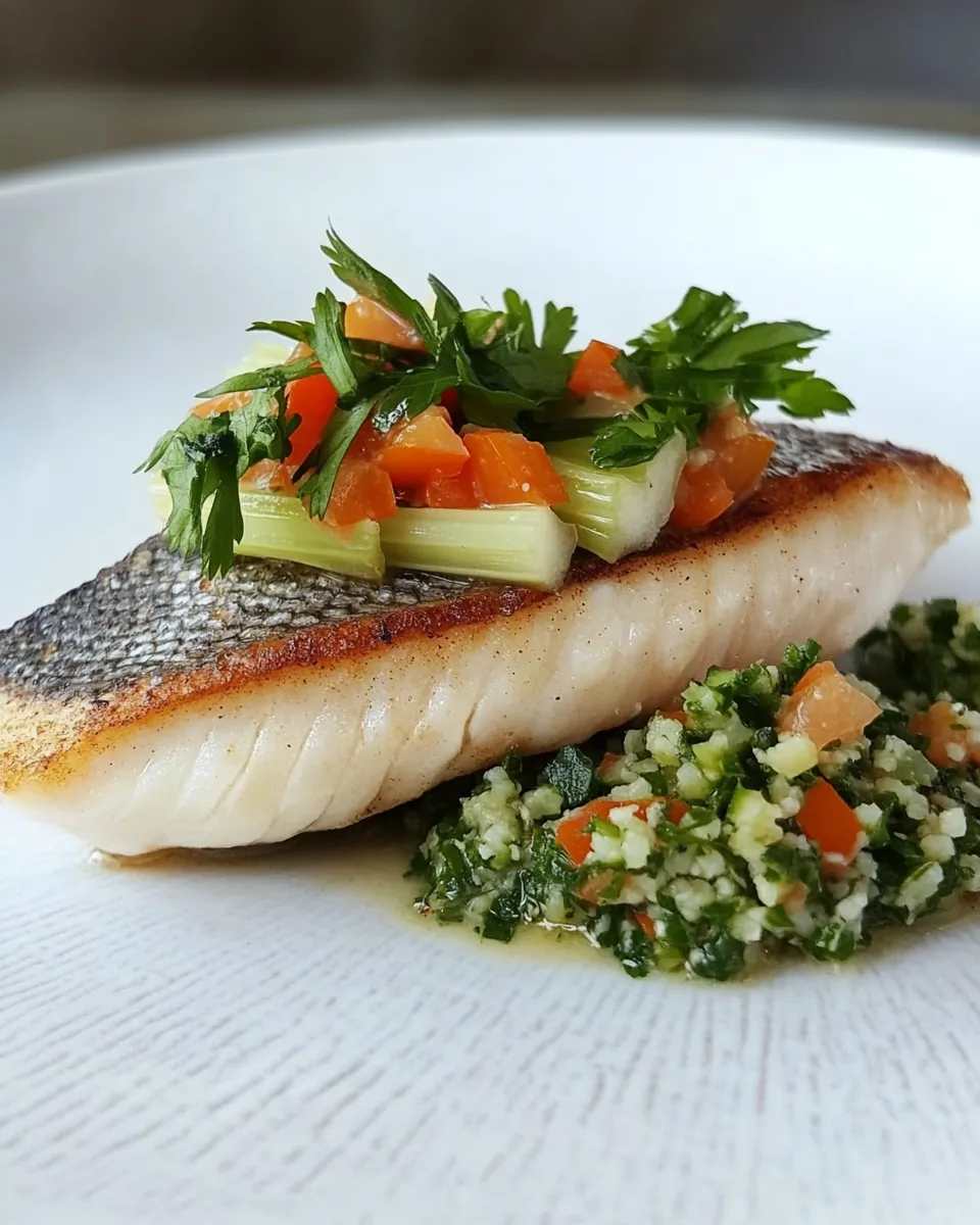 Easy Pan Fried Sea Bass with Celery Pure & Tabbouleh recipe photo