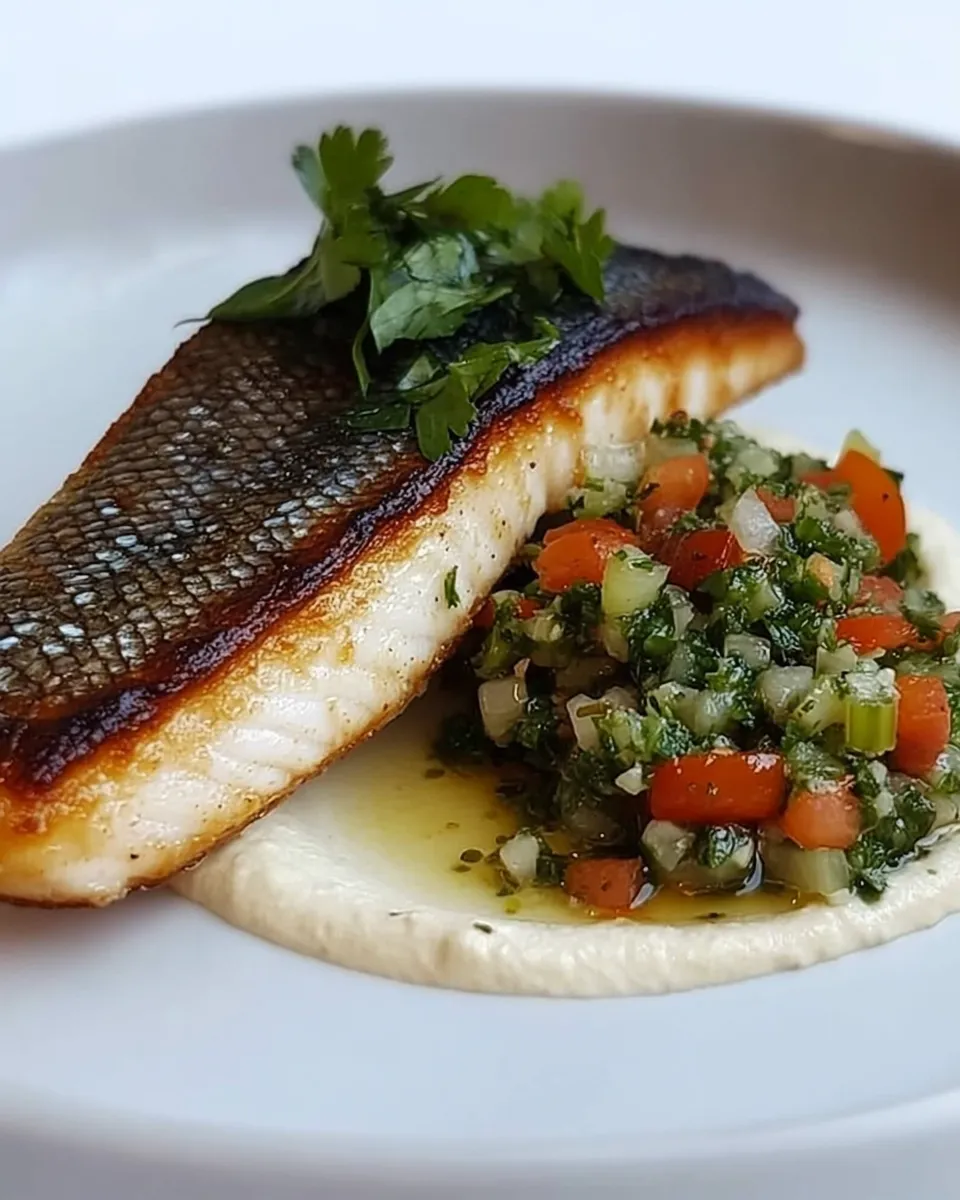 Delicious Pan Fried Sea Bass with Celery Pure & Tabbouleh shot