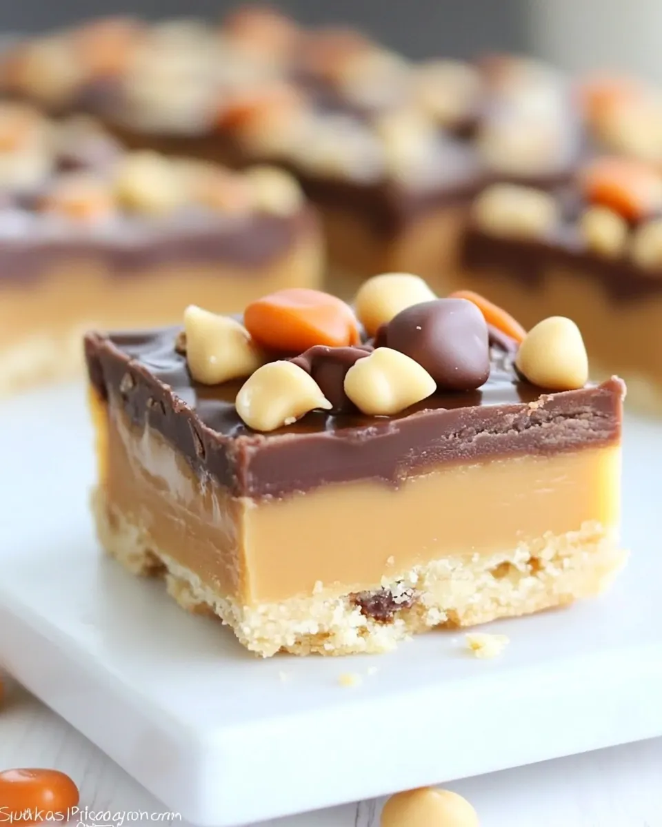 Easy Peanut Butter Caramel Shortbread Bars (millionaire bars) food shot