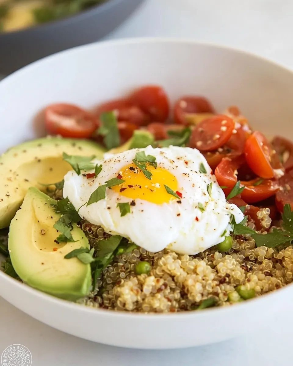 Delicious Perfect Avocado and Poached Egg Quinoa Bowl image